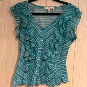 French Laundry Green and White Button Down Blouse XL